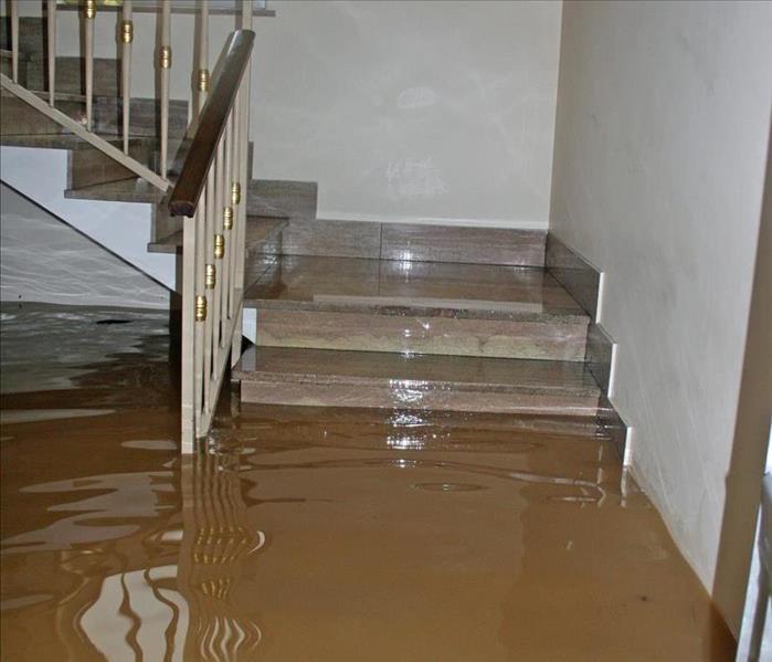 Image of a flooded home and a stair with the first steps with standing water. 
