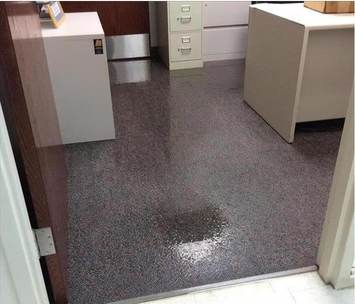 Office blue carpet with water damage  