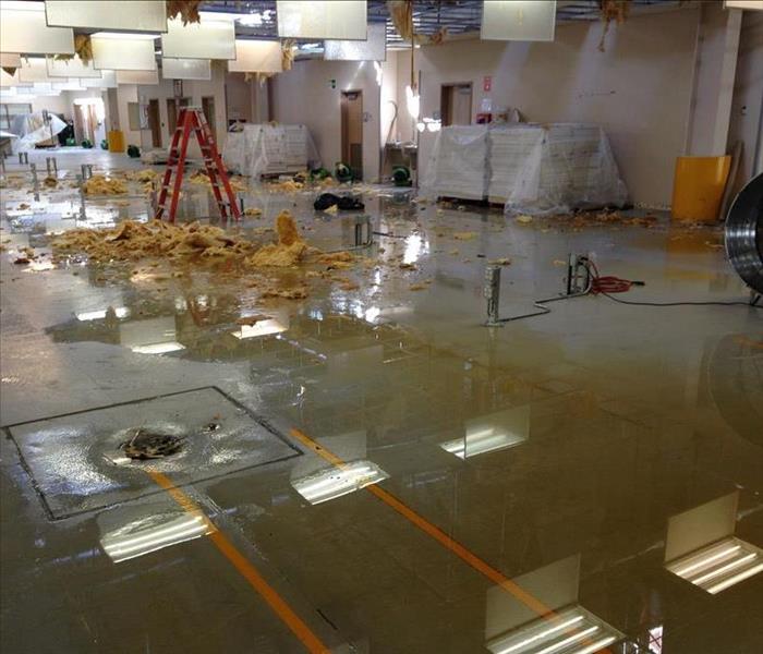 Floor in commercial building flooded with standing water along with other debris from ceiling that collapsed.  