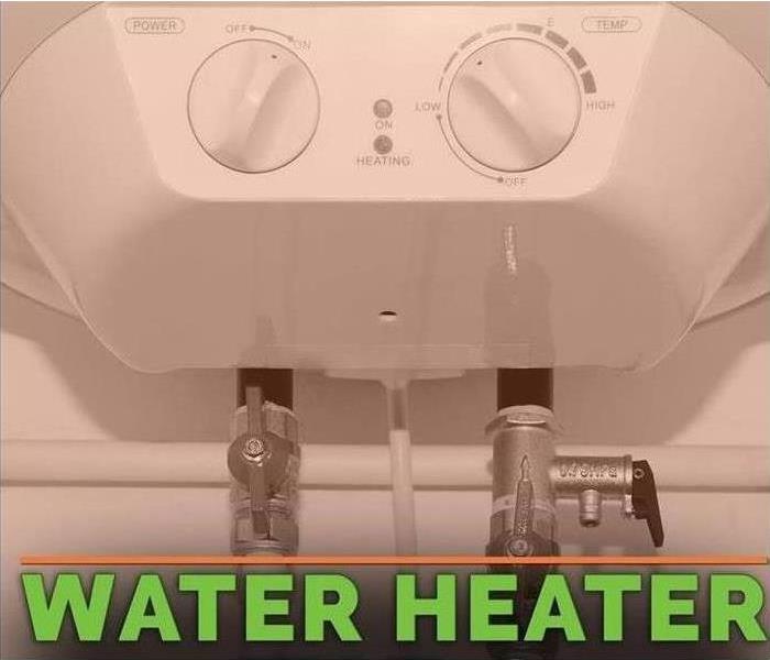 Image of a water heater with green letters stating "water heater" 