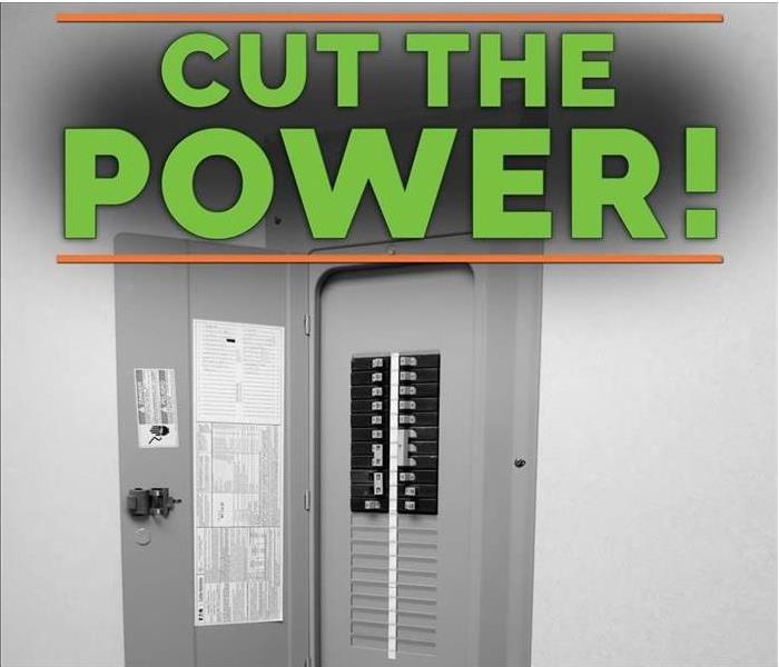 Image of a circuit breaker with letters stating "Cut the power!"